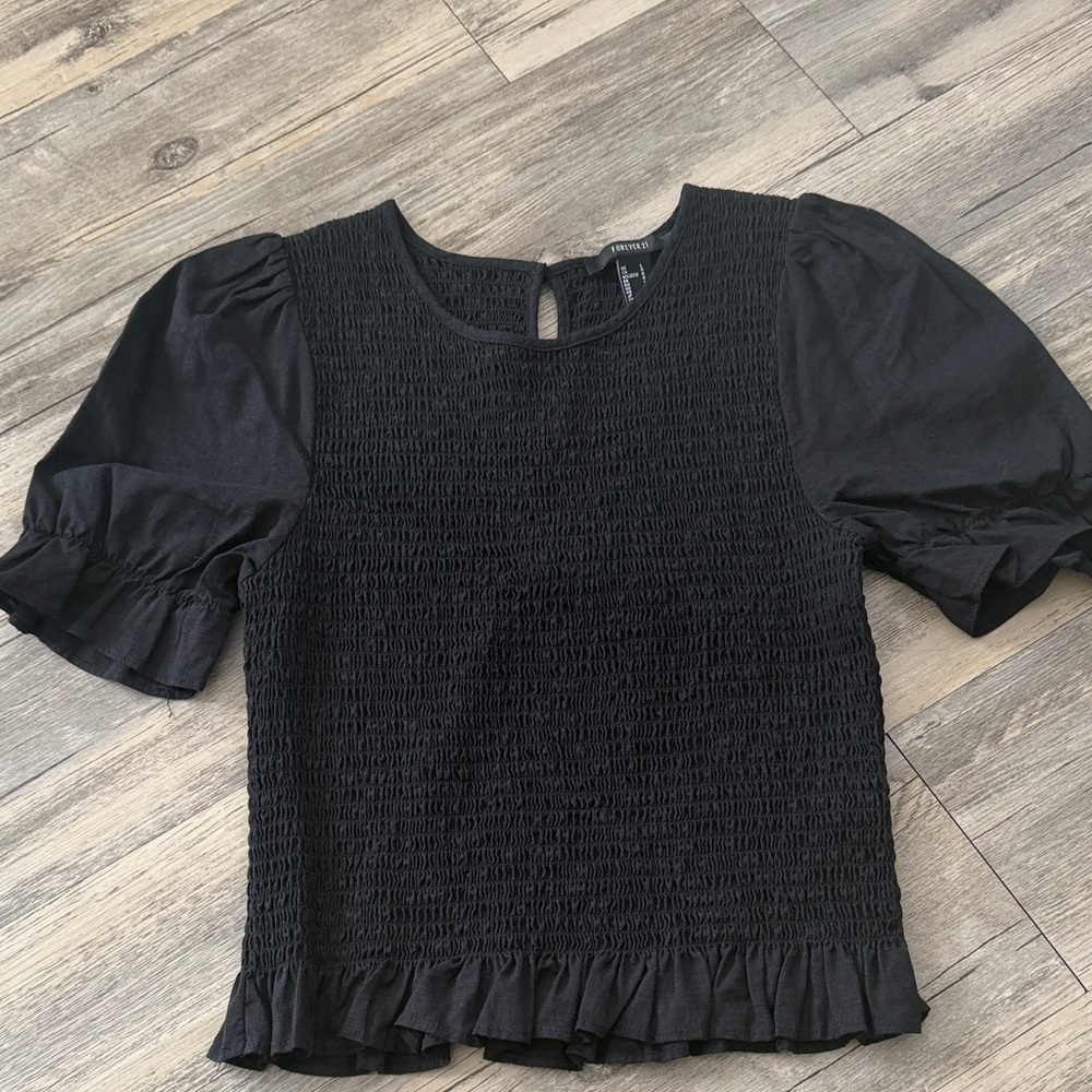 Forever 21 Smocked Puff Sleeve Black Top